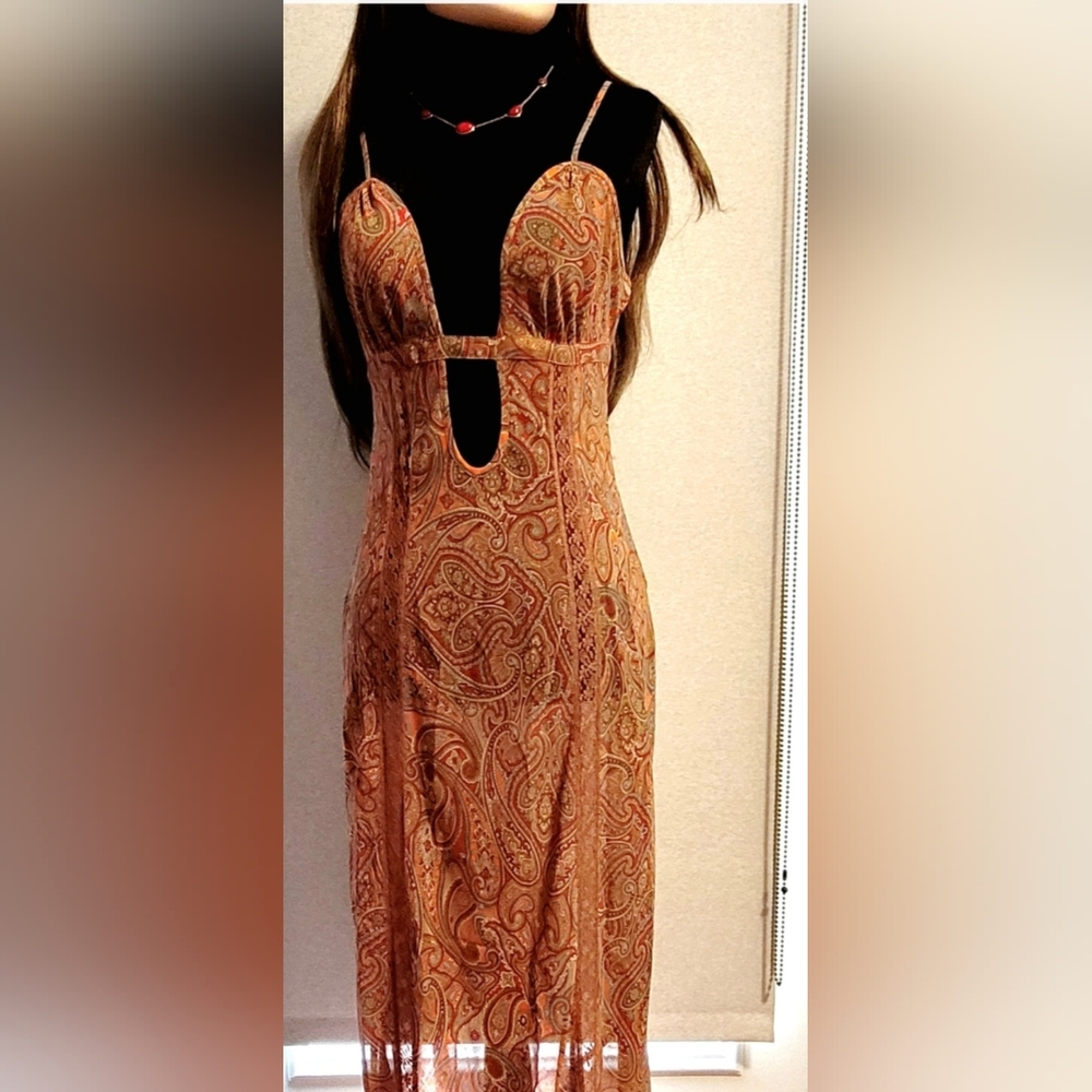 Victoria's Secret Vintage Rust Paisley Strapless Slip Dress Cutout Maxi Dress XS